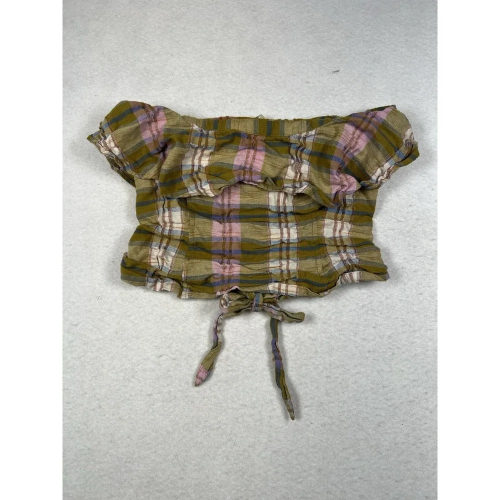 Free People Whitley Top L Women Casual Plaid Strapless Ruffle Blouse‎